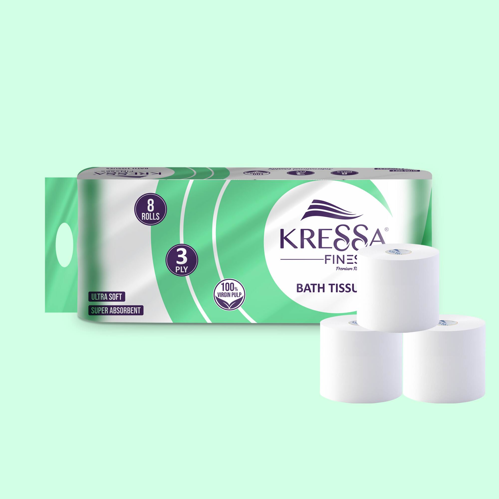 Kressa Finesse 3Ply Toilet Paper, 8 Rolls x 300 Pulls Per Roll