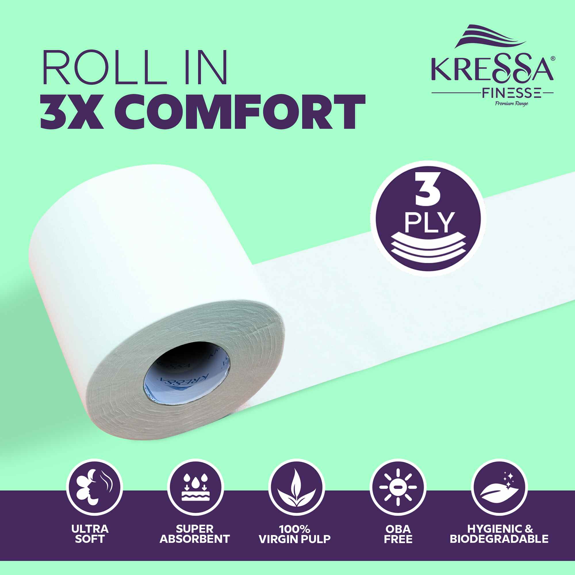 Kressa Finesse 3Ply Toilet Paper, 8 Rolls x 300 Pulls Per Roll - image 4