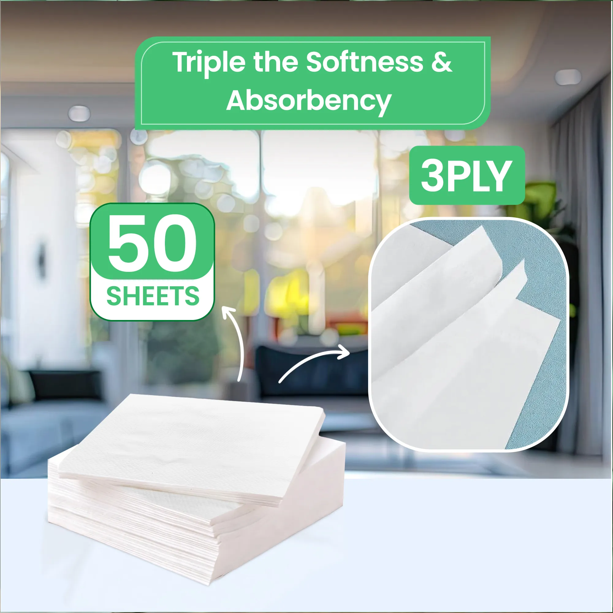 Kressa Finesse Premium 3-Ply Paper Napkins, 50 Sheets Per Pack, 100% Virgin Pulp - image 2