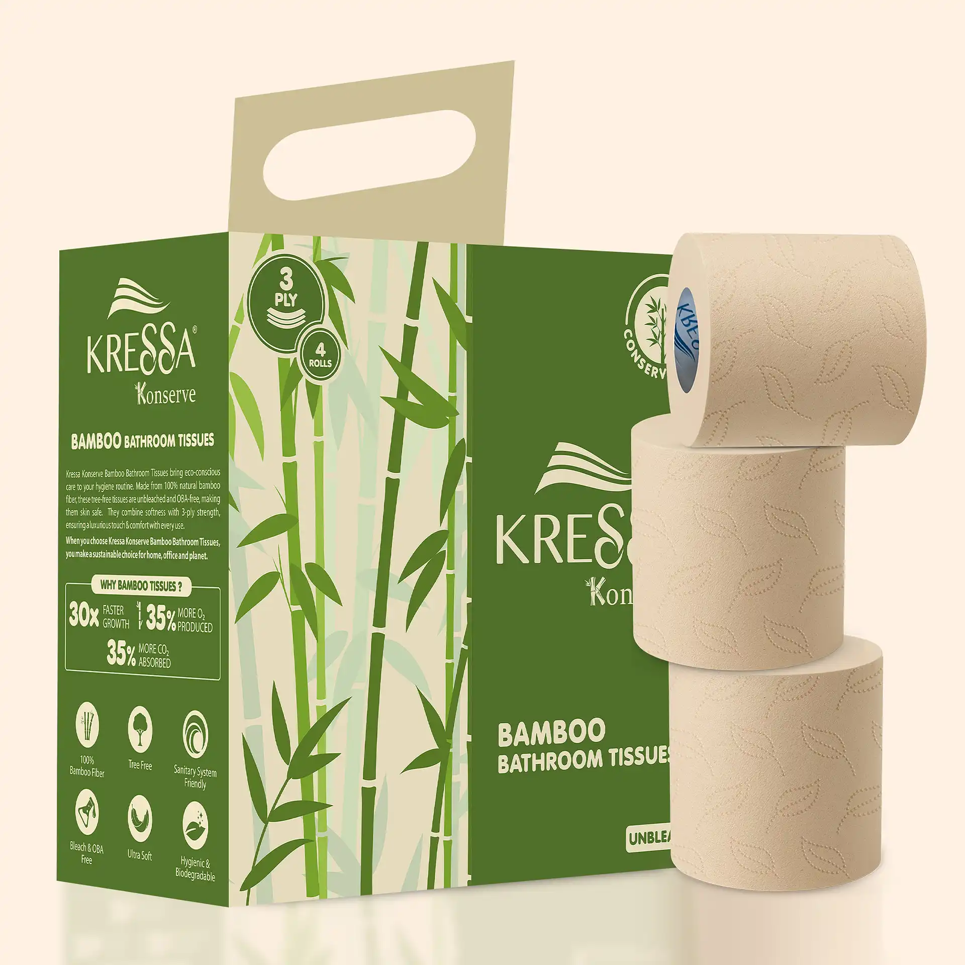 Kressa Konserve Bamboo Toilet Roll, Unbleached 3Ply, 4 Rolls x 220 Pulls Per Roll - image 2
