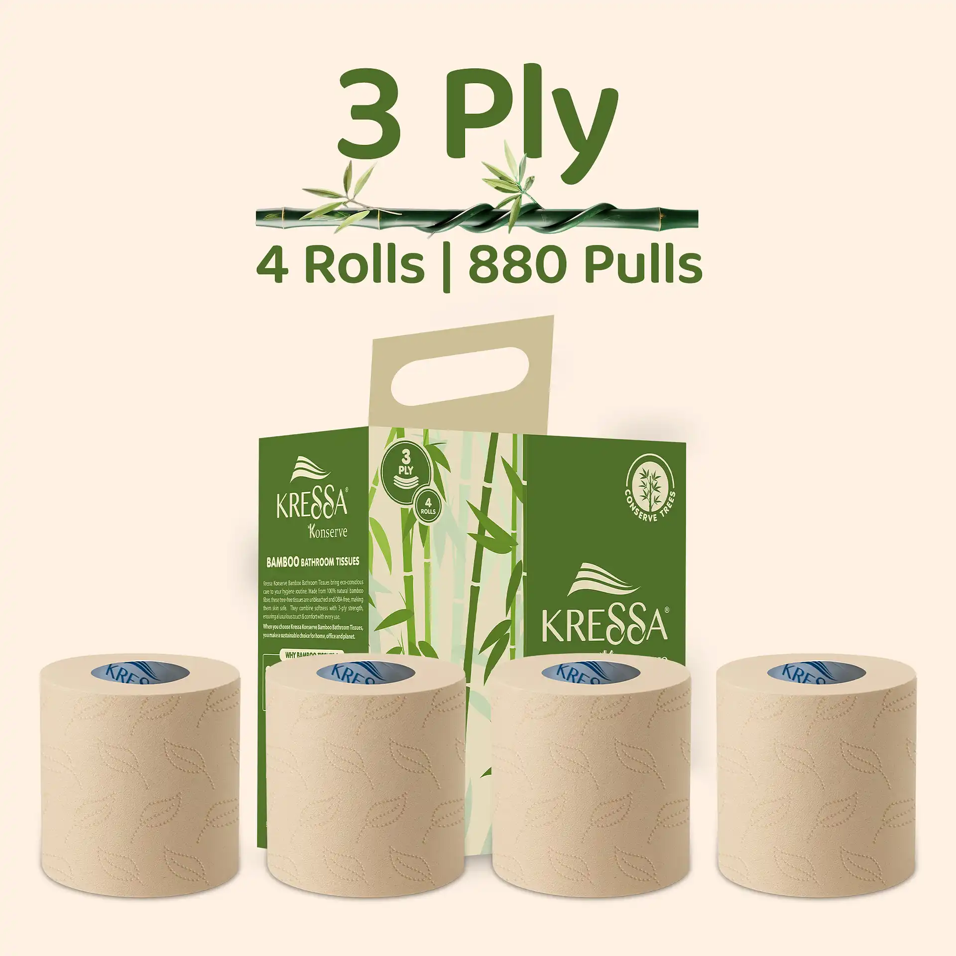 Kressa Konserve Bamboo Toilet Roll, Unbleached 3Ply, 4 Rolls x 220 Pulls Per Roll - image 3