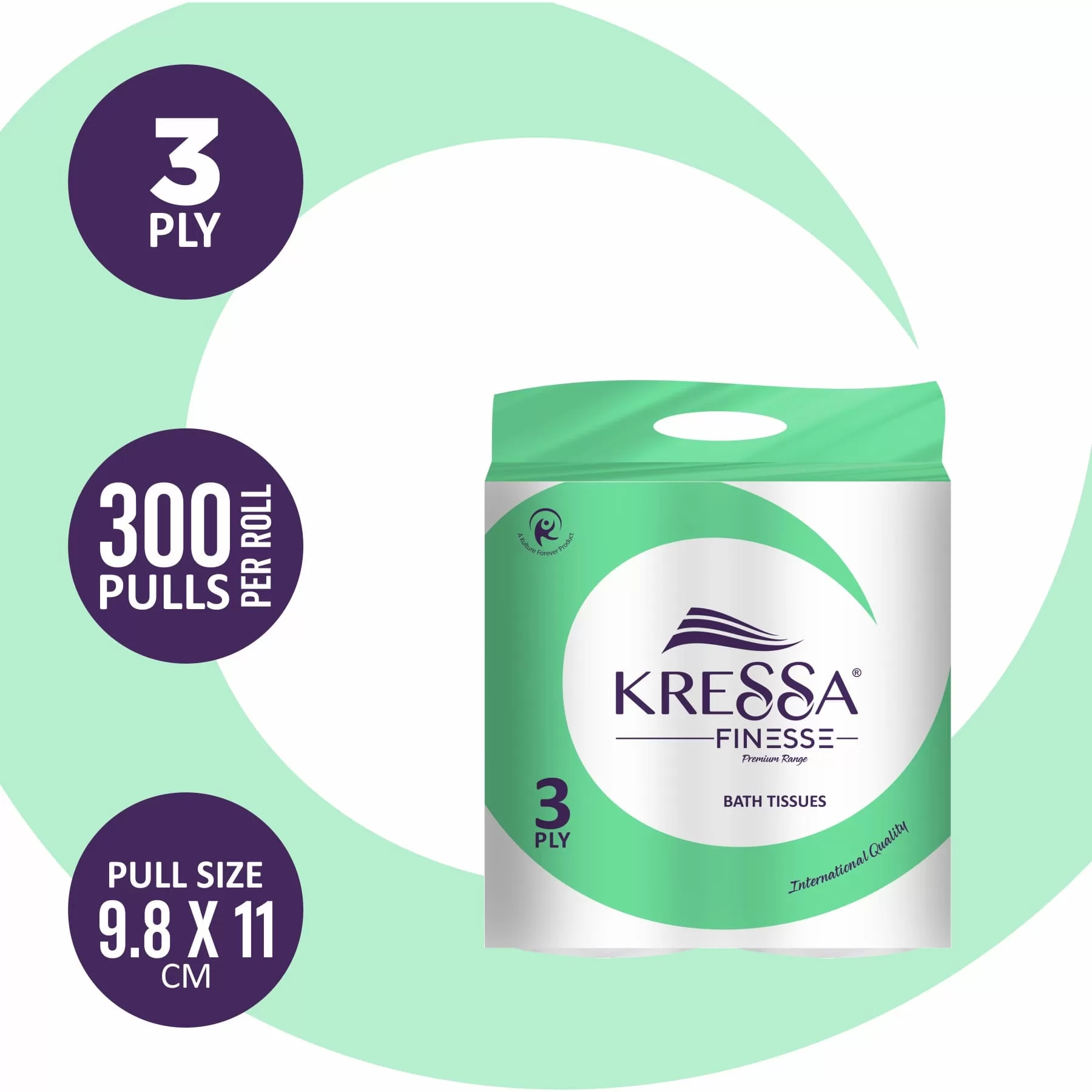 Kressa Finesse 3Ply Toilet Paper, 8 Rolls x 300 Pulls Per Roll - image 3
