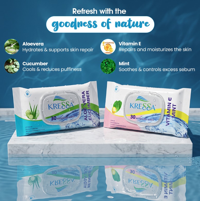 Kressa Wipes Combo, Aloe Vera Cucumber & Vitamin E Mint, 30 Wipes Per Pack - image 3