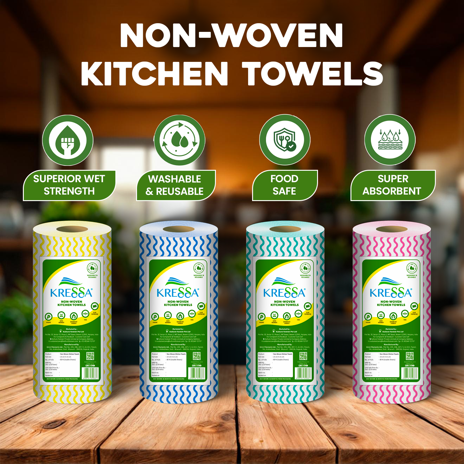 Kressa Non Woven Kitchen Towel Roll, Reusable & Super Absorbent - image 2