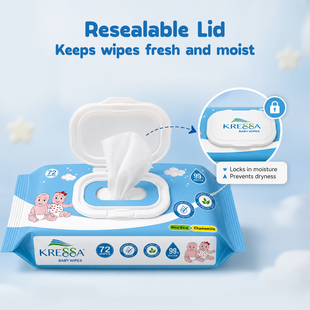 Kressa Baby Wet Wipes With Lid, 99% Pure Water, 72 Wipes Per Pack - image 5