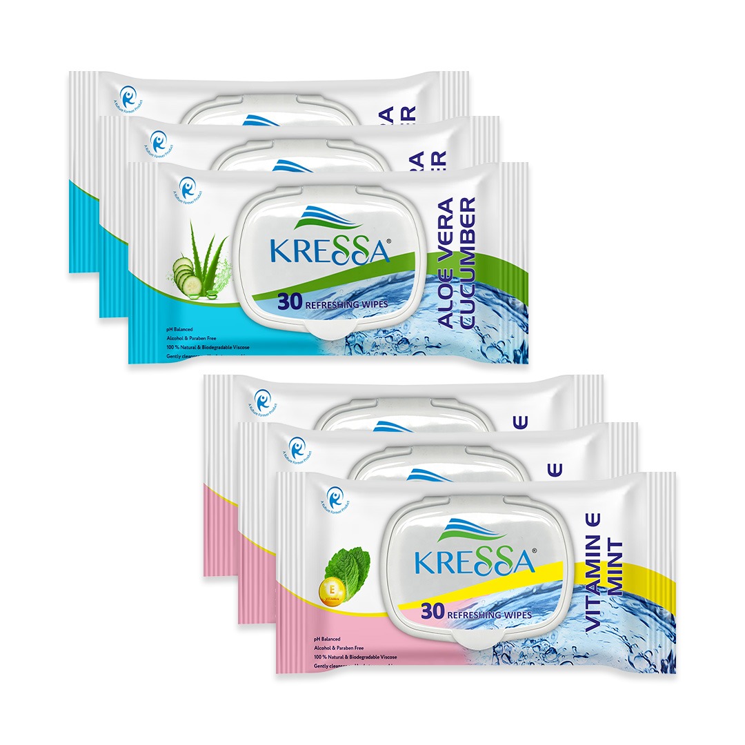 Kressa Wipes Combo, Aloe Vera Cucumber & Vitamin E Mint, 30 Wipes Per Pack - image 7