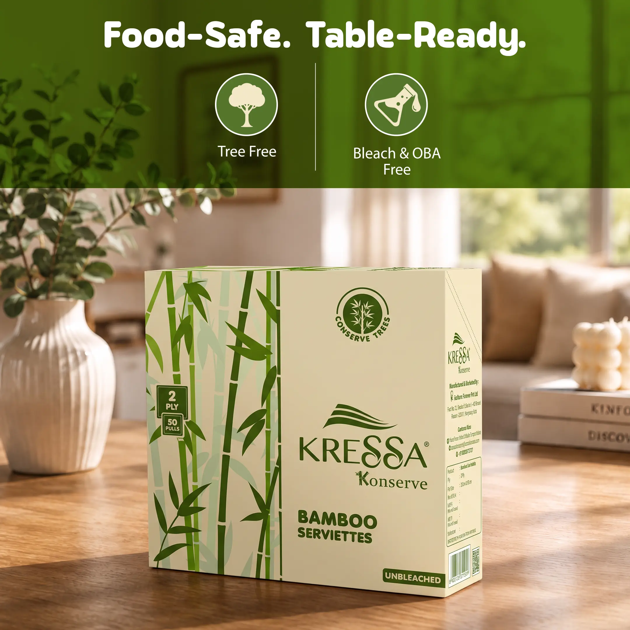 Kressa Konserve Bamboo Napkins, 2Ply, 50 Pulls, Eco-Friendly, Unbleached, Food Safe - image 3