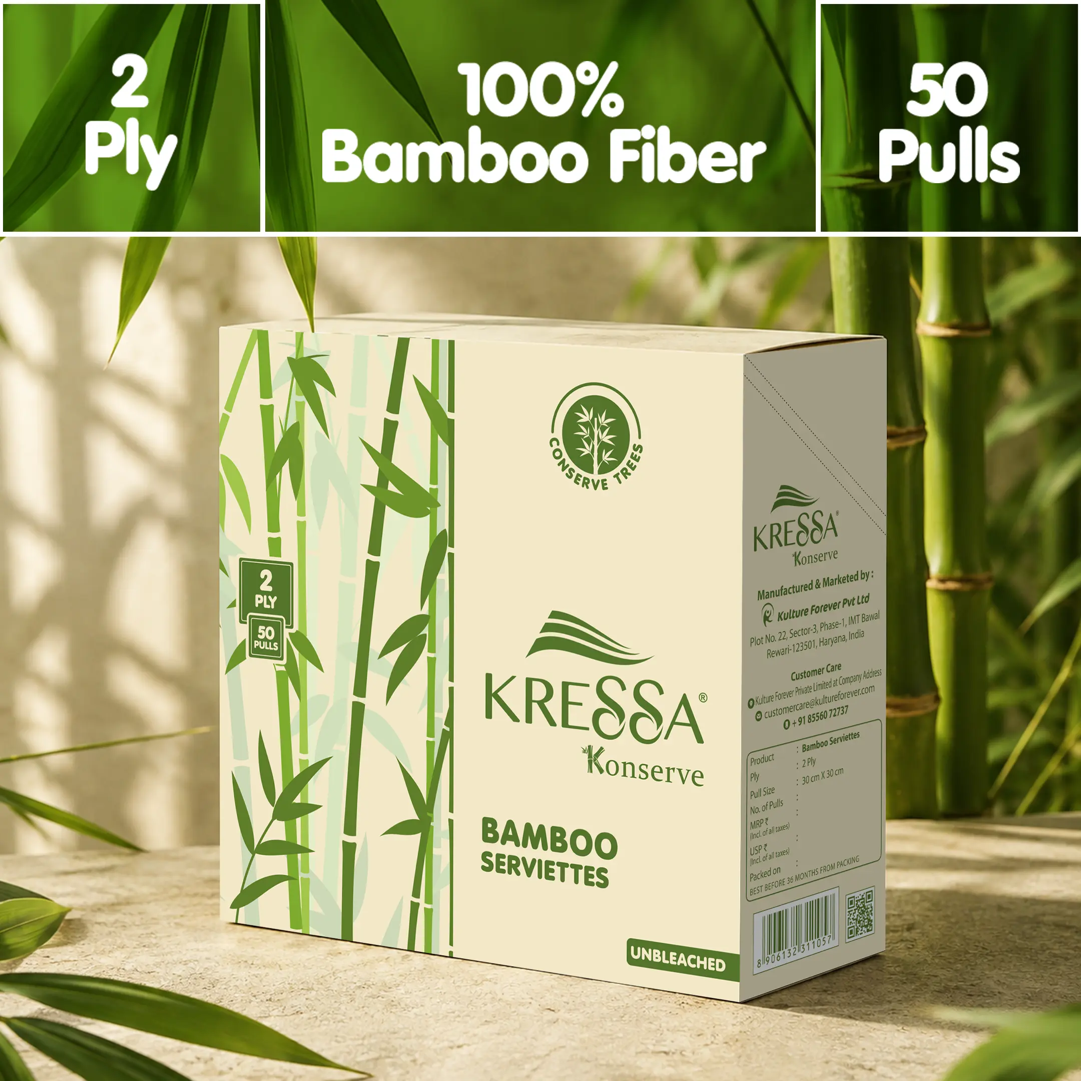 Kressa Konserve Bamboo Napkins, 2Ply, 50 Pulls, Eco-Friendly, Unbleached, Food Safe - image 2